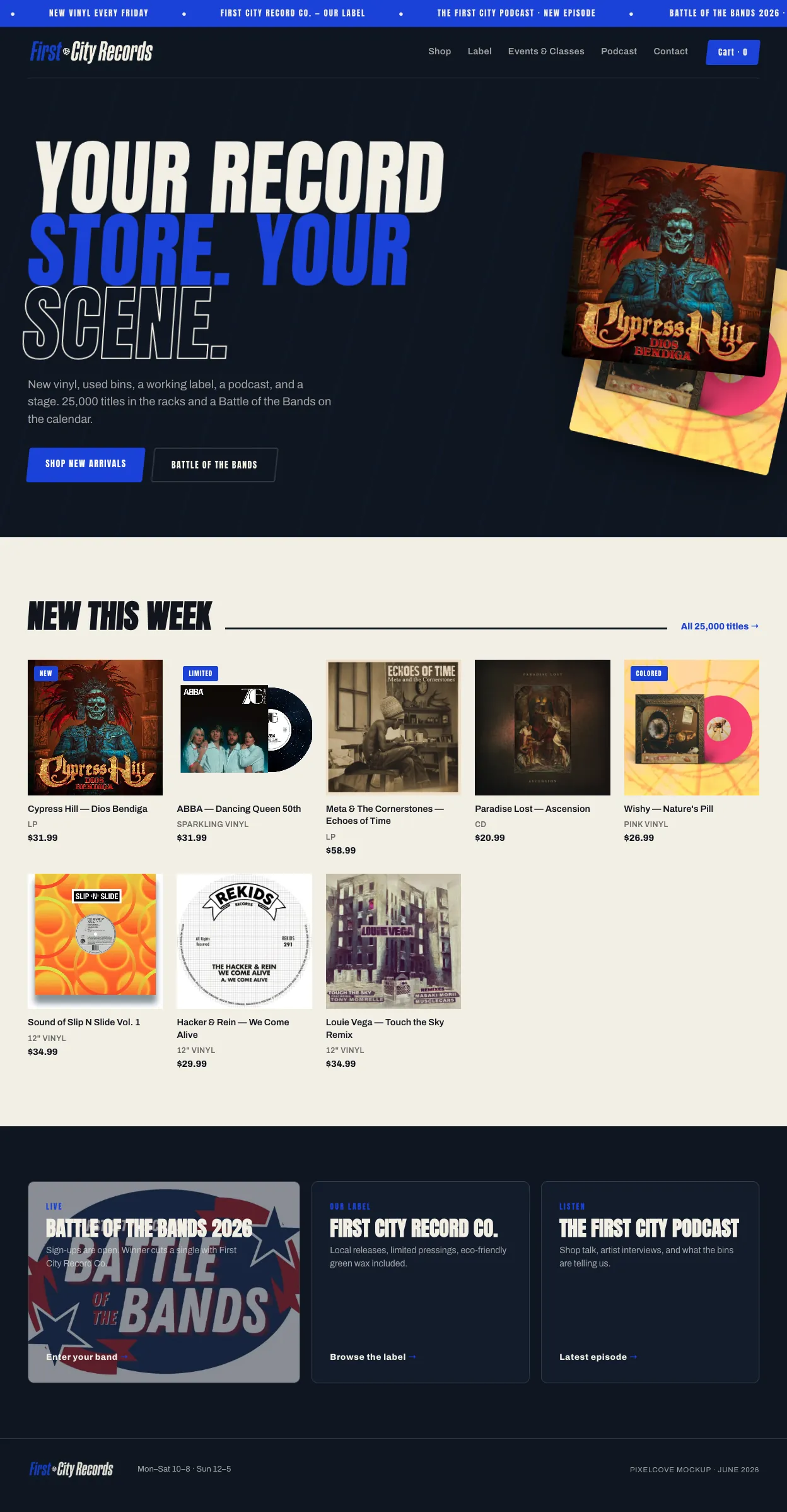 Homepage mockup for First City Records: slanted blue display type reading Your Record Store, Your Scene, over real catalog covers.