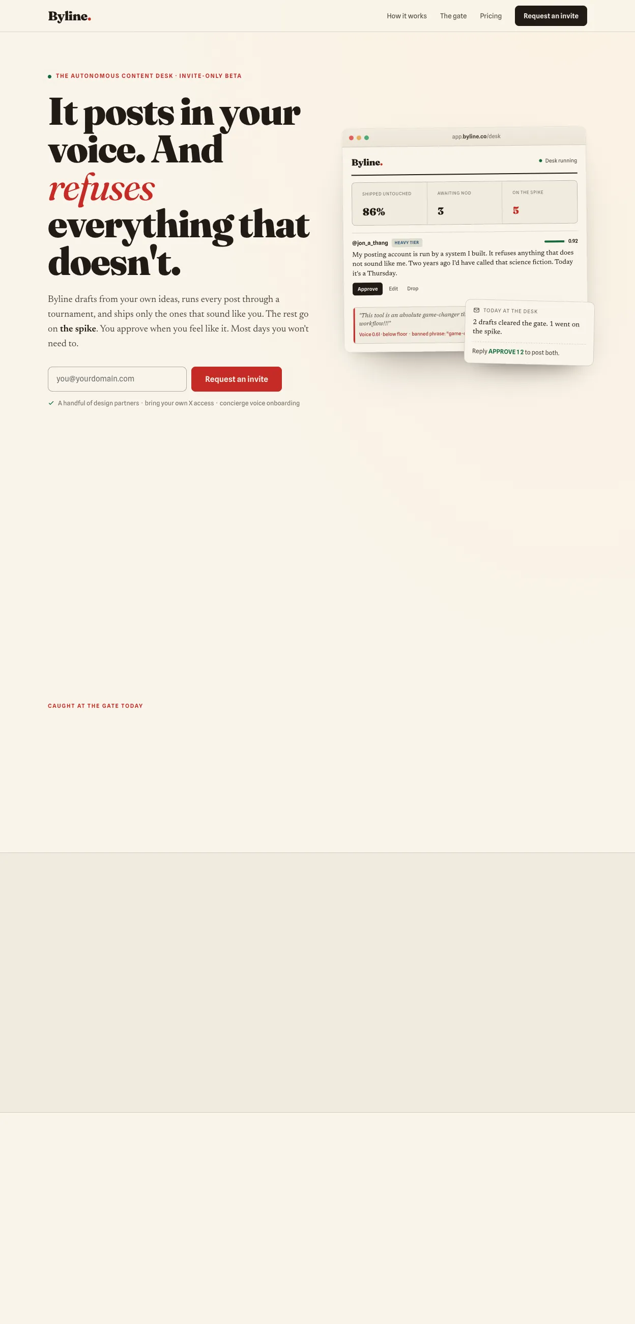 The Byline landing page, headlined It posts in your voice, and refuses everything that doesn't.
