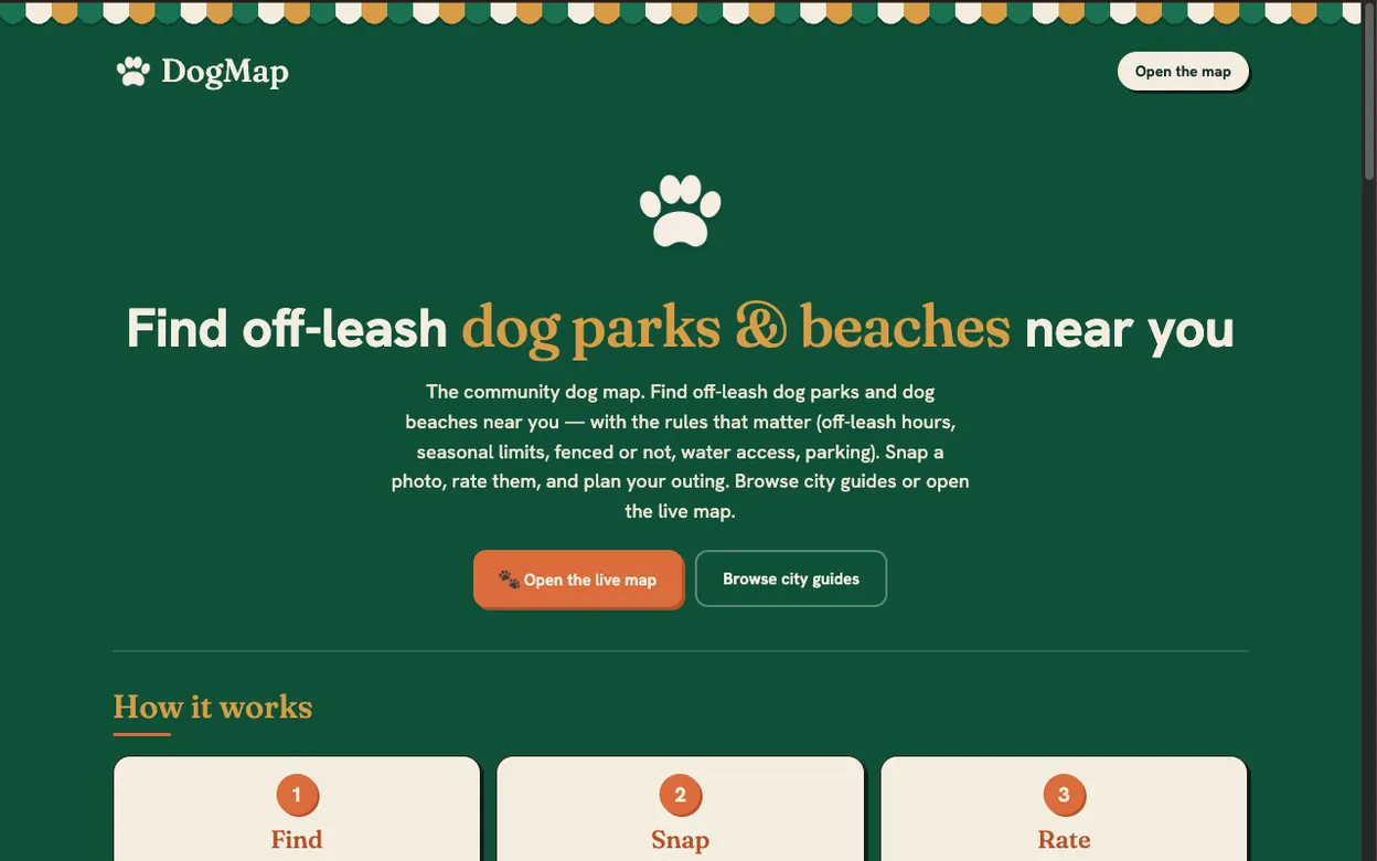 The DogMap homepage, a map for finding off-leash dog parks and beaches near you.