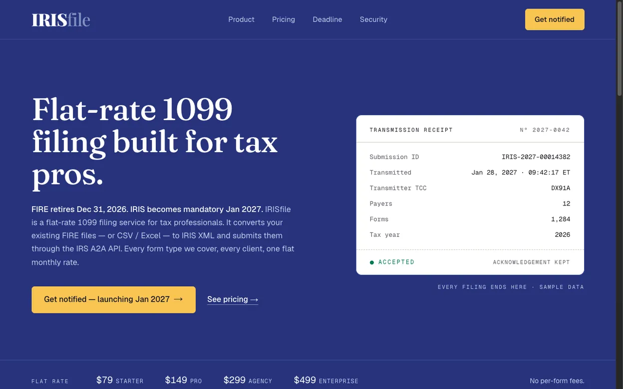 The IRISfile homepage, headlined flat-rate 1099 filing for tax pros.