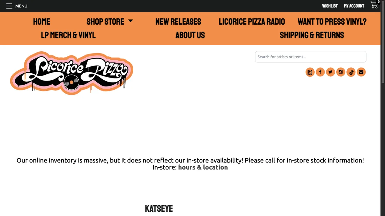 The Licorice Pizza Records homepage in June 2025: a dense orange navigation bar, the graffiti logo, and a banner reading Our online inventory is massive, but it does not reflect our in-store availability.