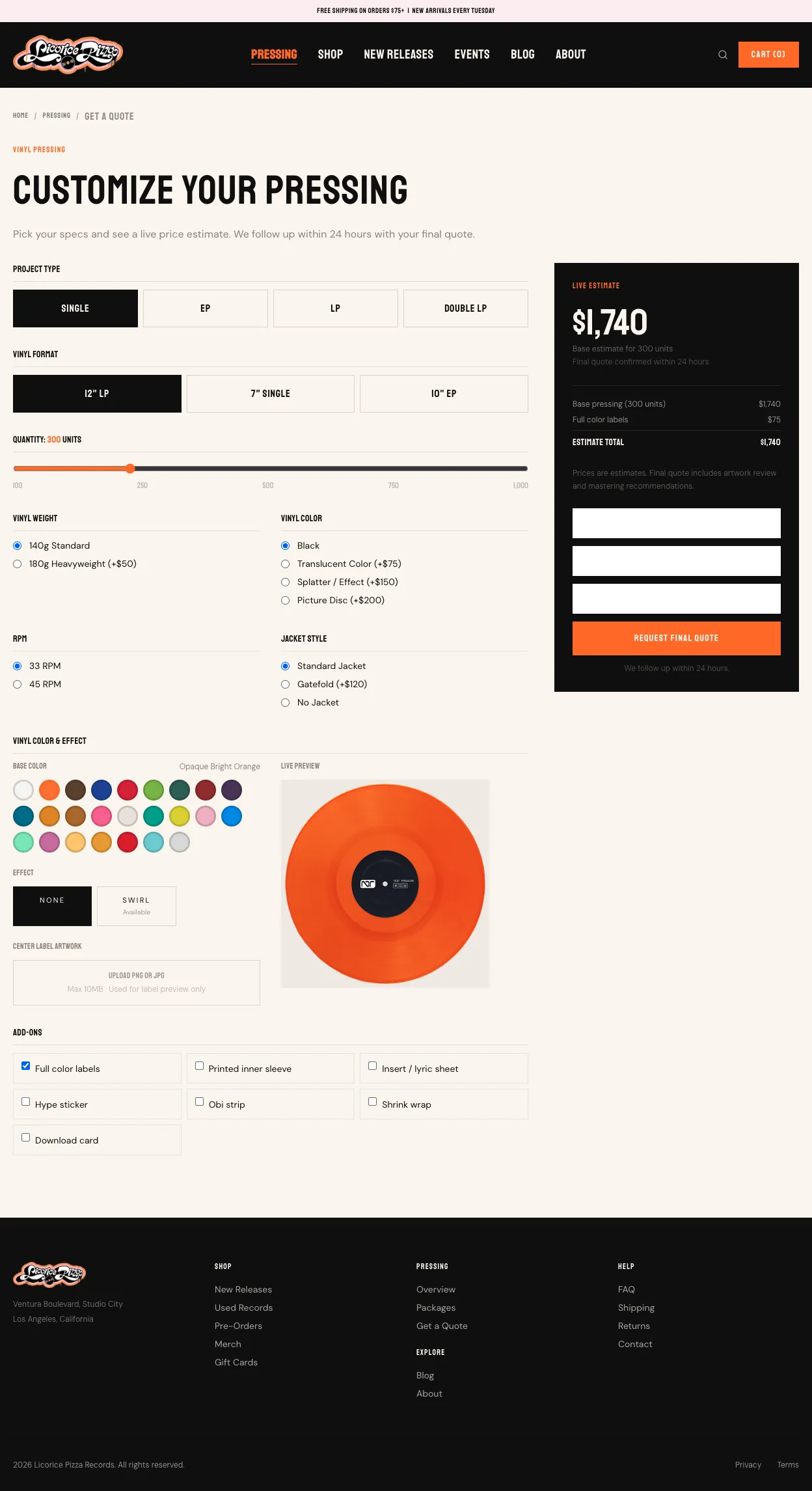 The quote tool it feeds: a multi-step form selecting project type, vinyl format and quantity, with a live estimate totalling $1,740.