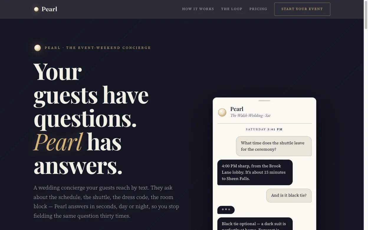The Pearl homepage, a wedding concierge guests reach by text message.