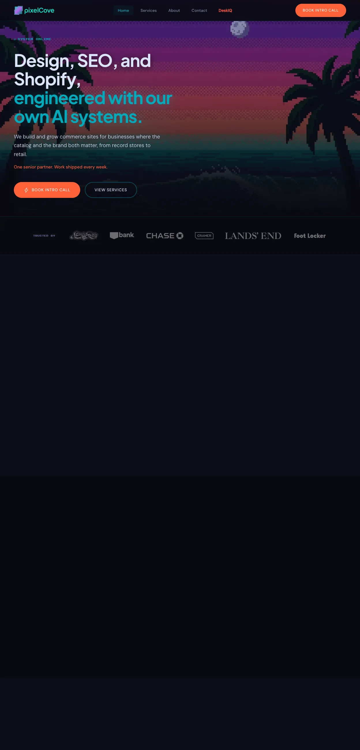 The PixelCove homepage, dark with a retro terminal identity.