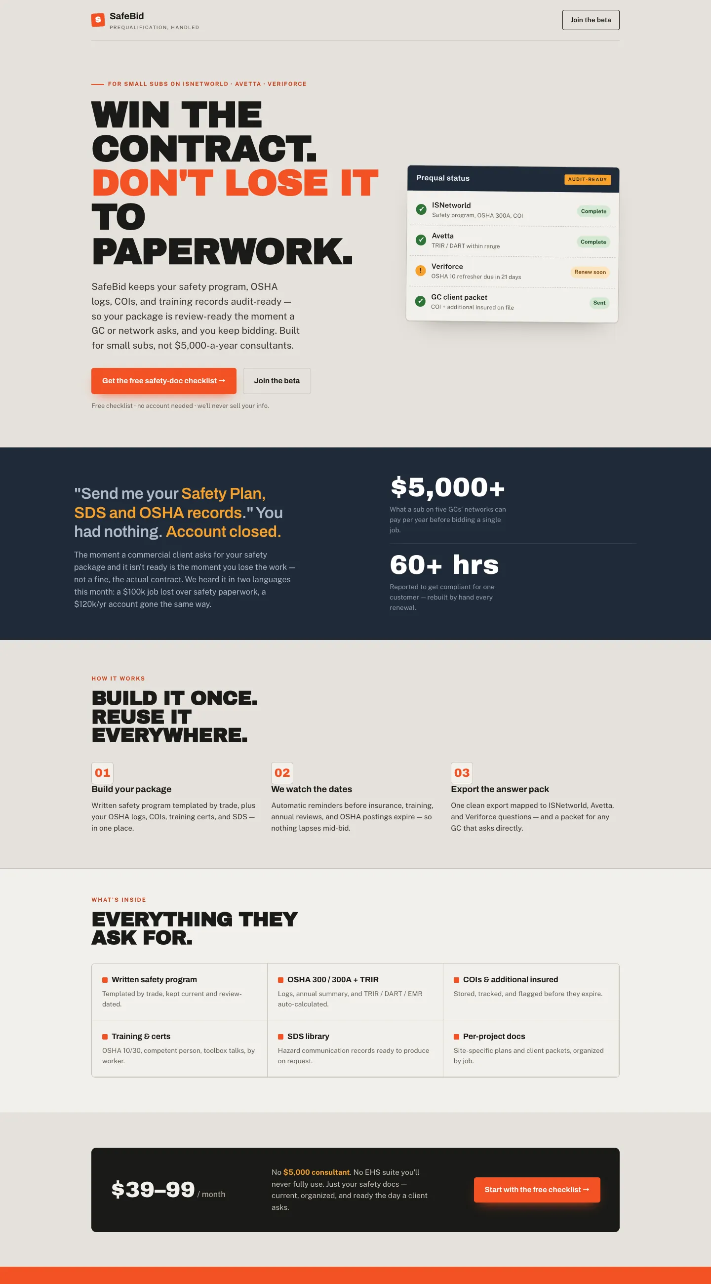 The SafeBid homepage, headlined Win the contract, don't lose it to paperwork.
