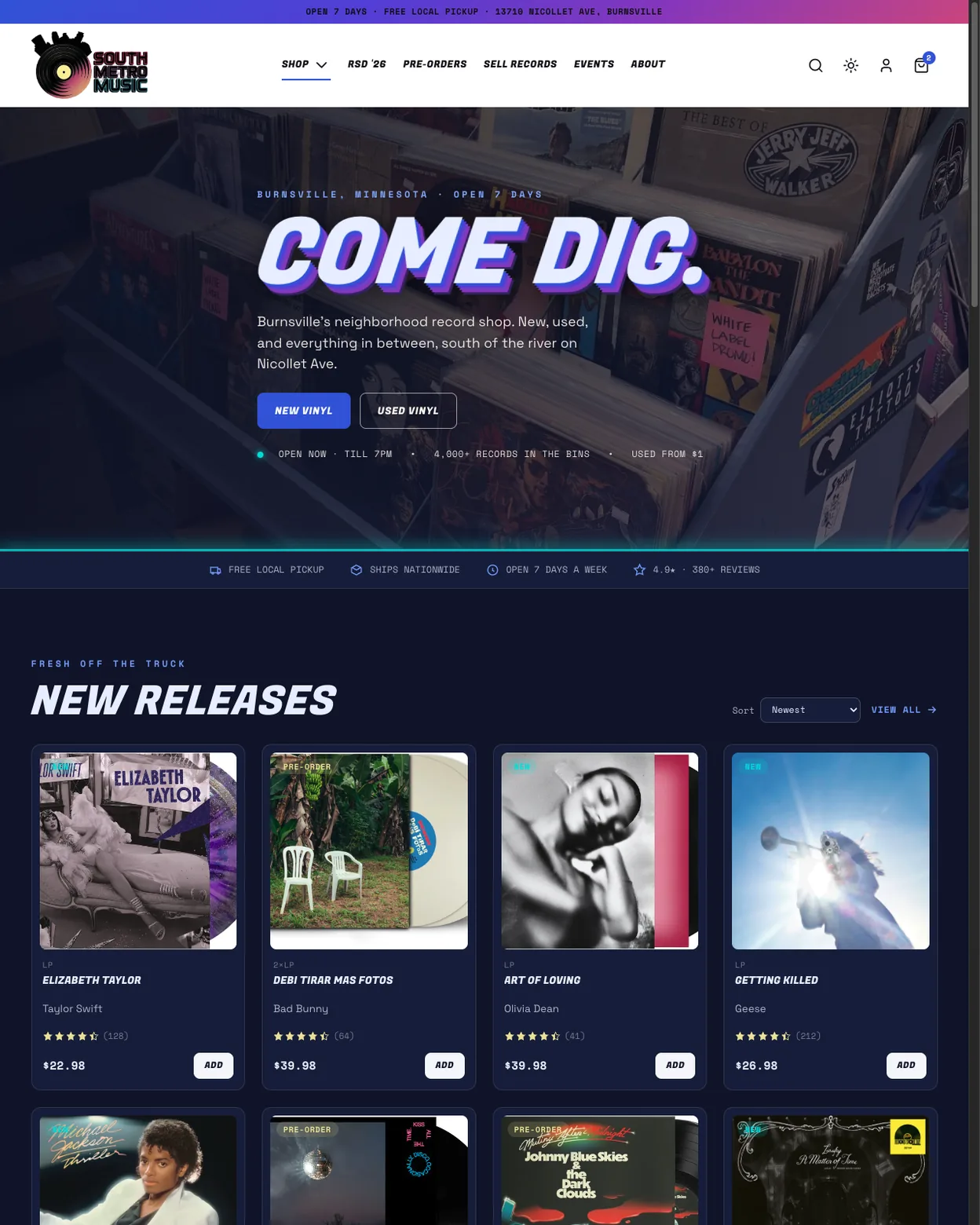 Homepage mockup for South Metro Music: a retrowave headline reading Come Dig over a photograph of record bins, above a new-releases grid.